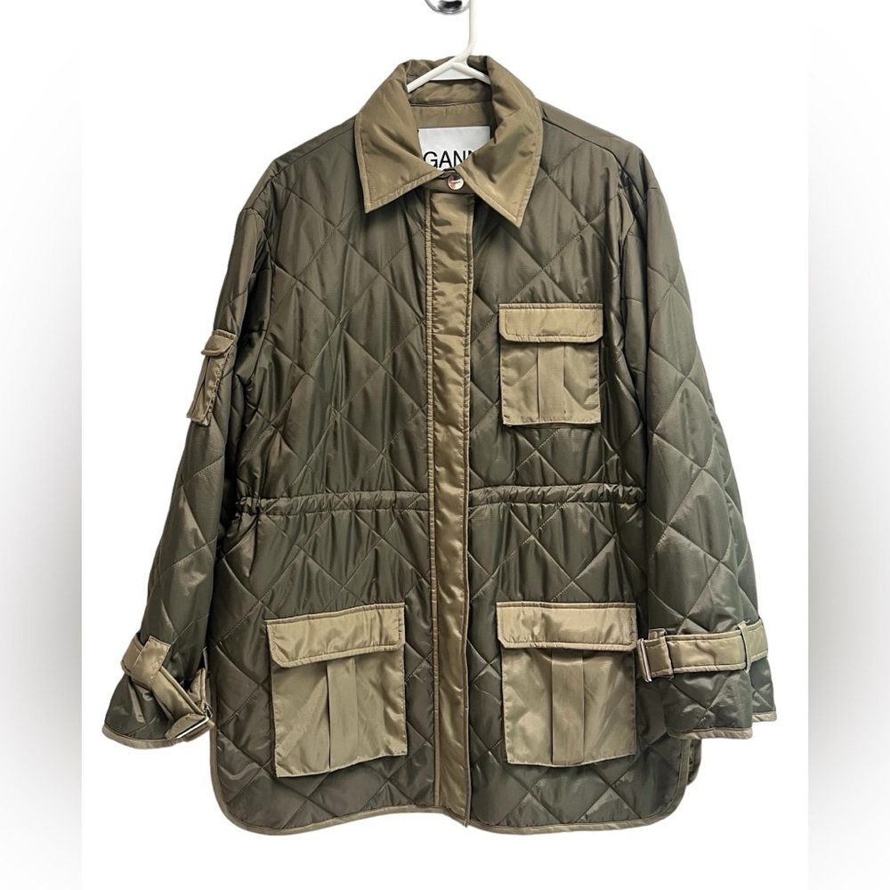 Ganni Olive Green Quilted Utility Jacket